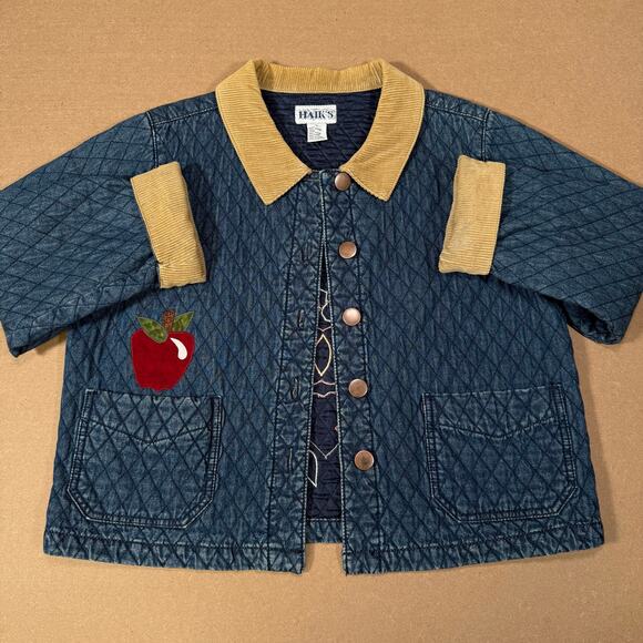 Vintage Quilted Denim Jacket With Corduroy Collar And Apple Patches Sz Large - Picture 4 of 8